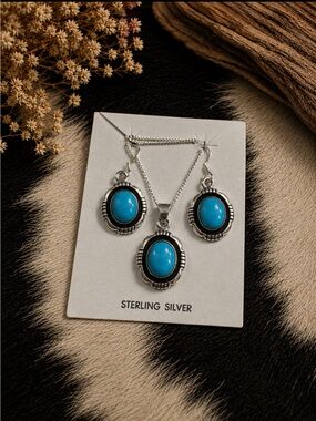 Genuine Turquoise and Sterling Silver Oval Pendant & Earrings Set
